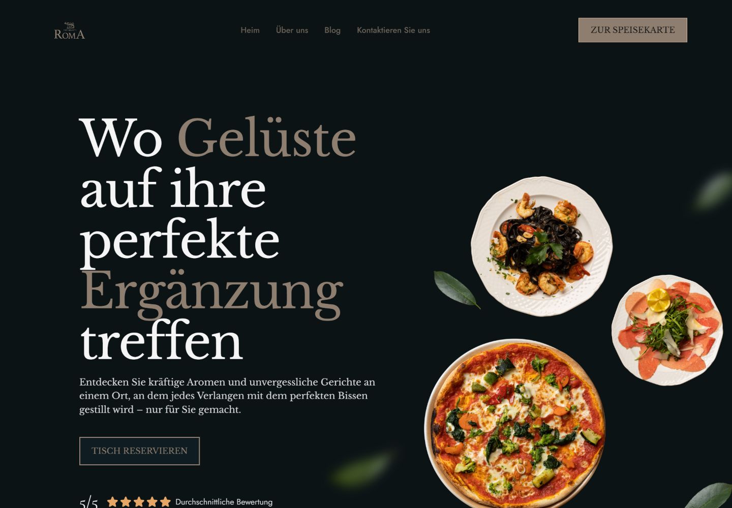 Die Website von Ristorante Roma: Speisen, Typografie und Restaurantnavigation.